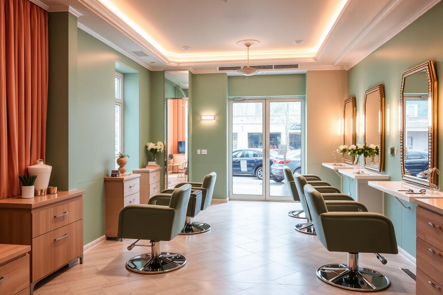 Premium Sujess beauty salon interior in pista green and peach tones, Mettupalayam